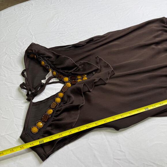 Brown ruffle top with gold yellow brown beaded neckline - Picture 7 of 8